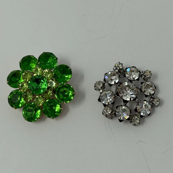 Vintage Jewelry - Lot 2 VTG Brooches Costume Jewelry Green Rhinestone Star Signed Clear Rhinestone